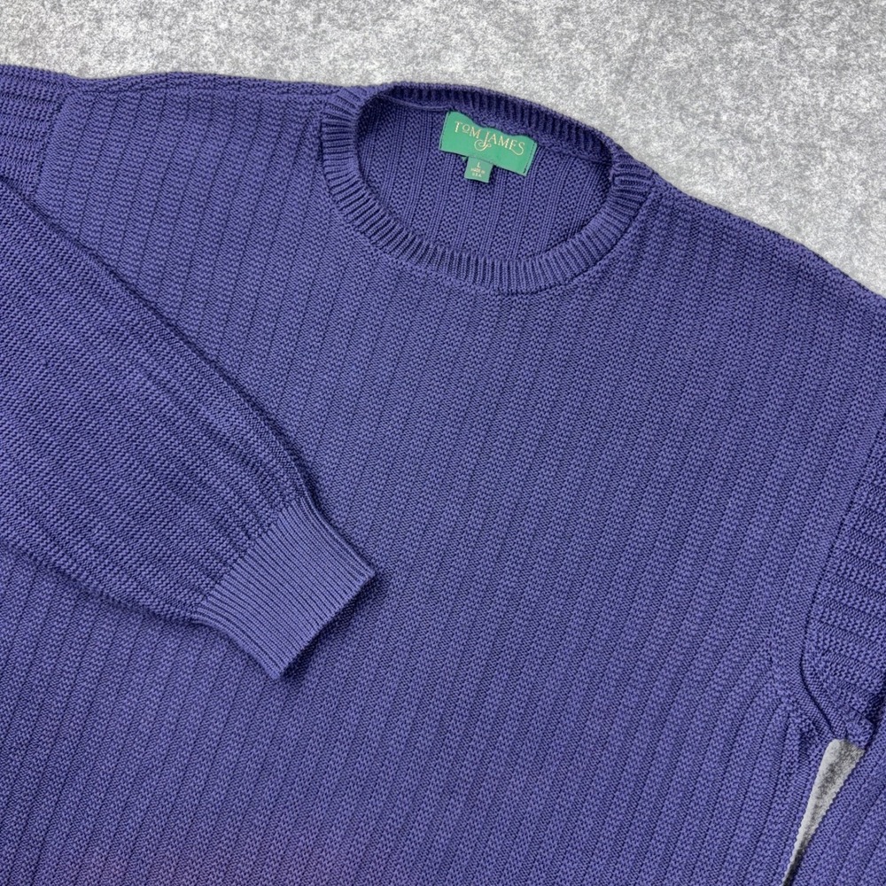 VTG Tom James Sweater Mens Large Navy Blue Crewneck Cotton Shaker Rib Knit USA